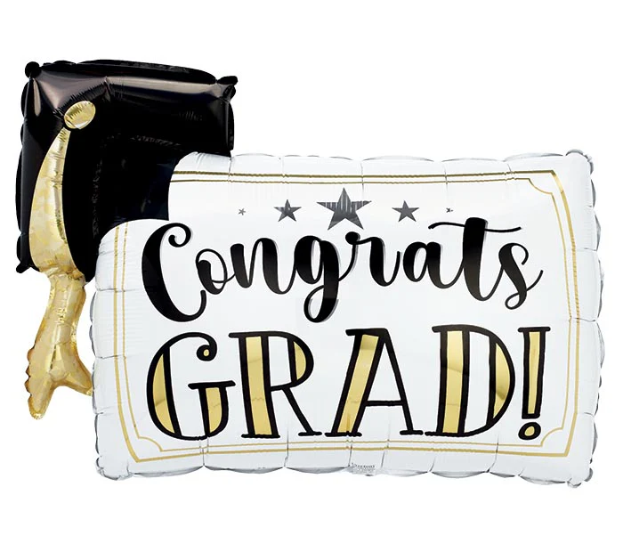 36" Rectangle Congrats Grad w/ Mortarboard Foil Balloon