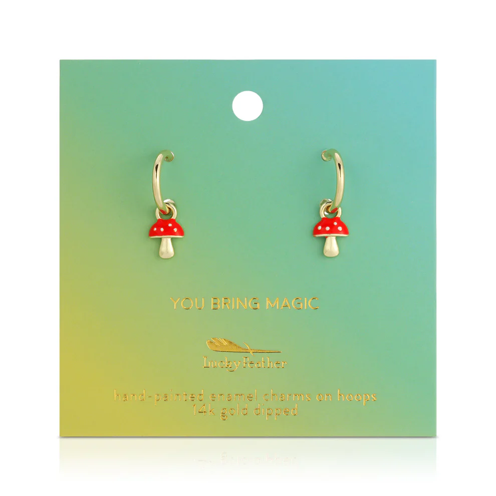 Lucky Feather Hoop Earrings - Magic Mushroom