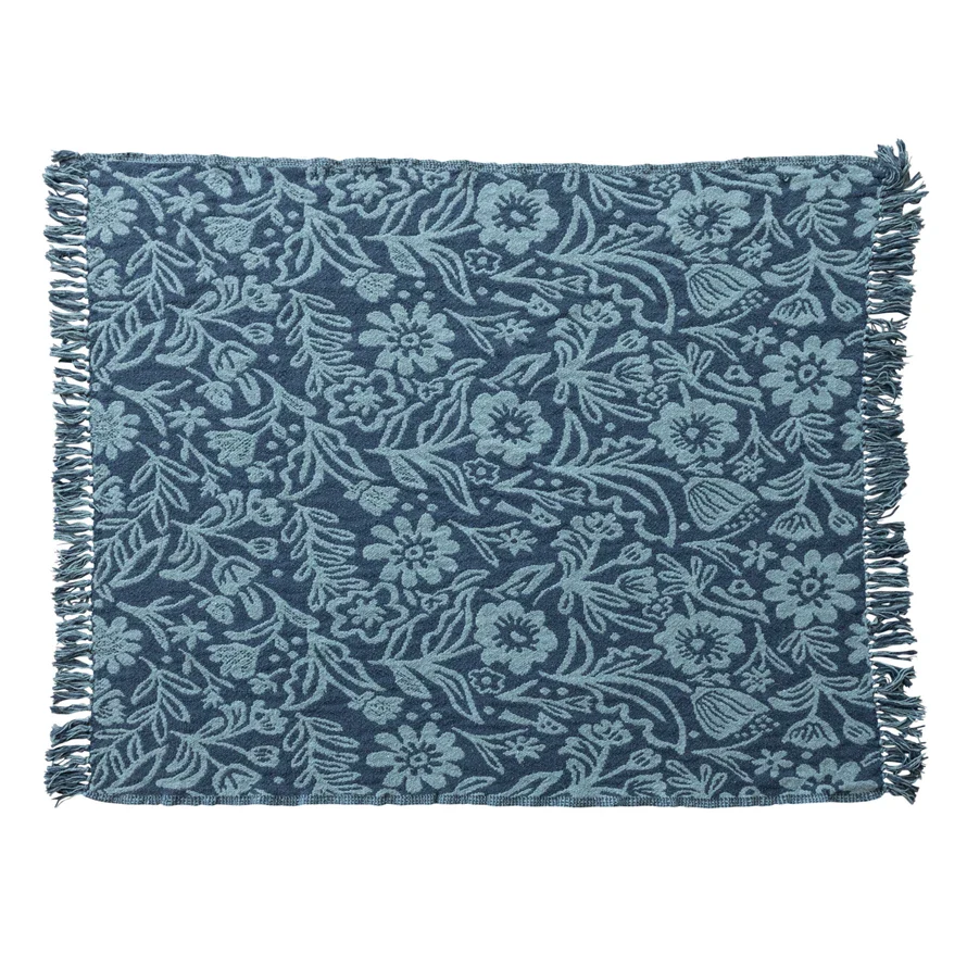 Recycled Cotton-Blend Throw Blanket - Blue Floral - Image 2