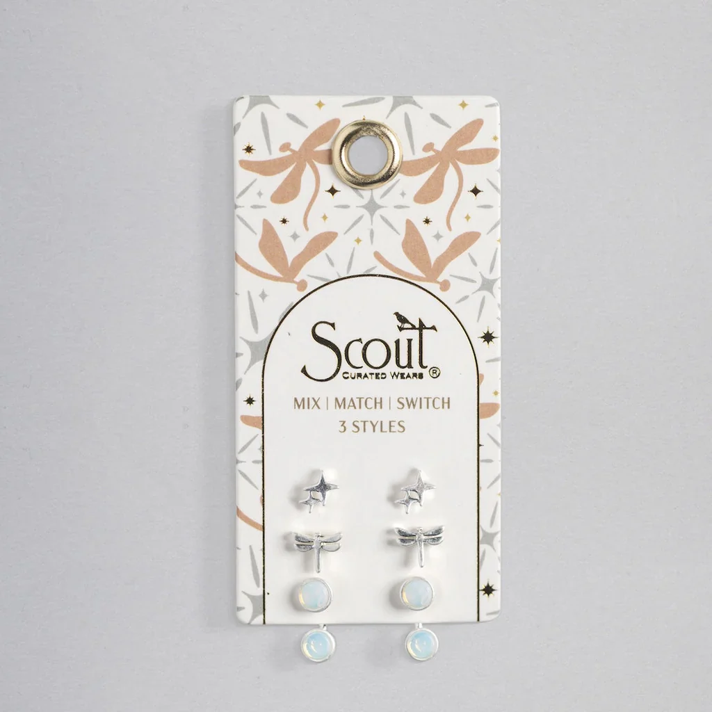 Scout Curated Wears Stud Trio Ear Jacket Set - Dragonfly / Opalite / Silver - Image 3
